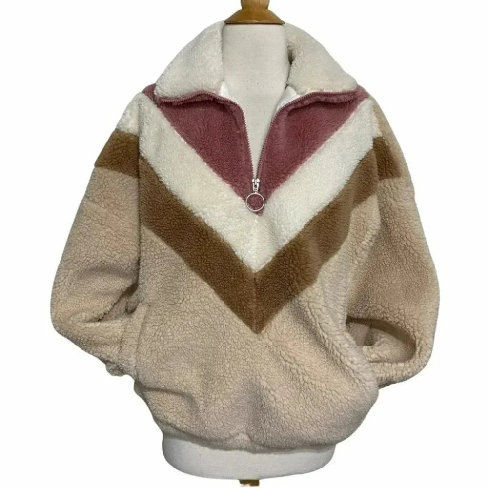 Forever 21 Fleece Pullover Small Tan Multi Chevron Colorblock Quarter Zip Retro